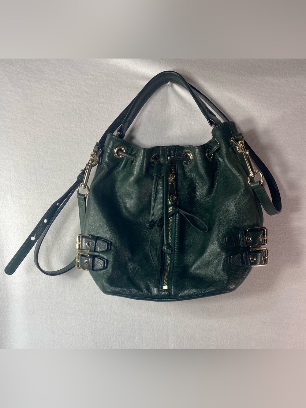 REBECCA MINKOFF Moto Leather Buckles Bucket Drawstring Bag Hunter Green